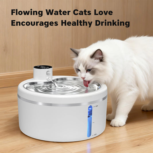 Wireless Cat Water Fountain 2.5L Stainless Steel Pet Drinking Dispenser Smart Sensor Auto Circulating Filter 4000mAh LED Display