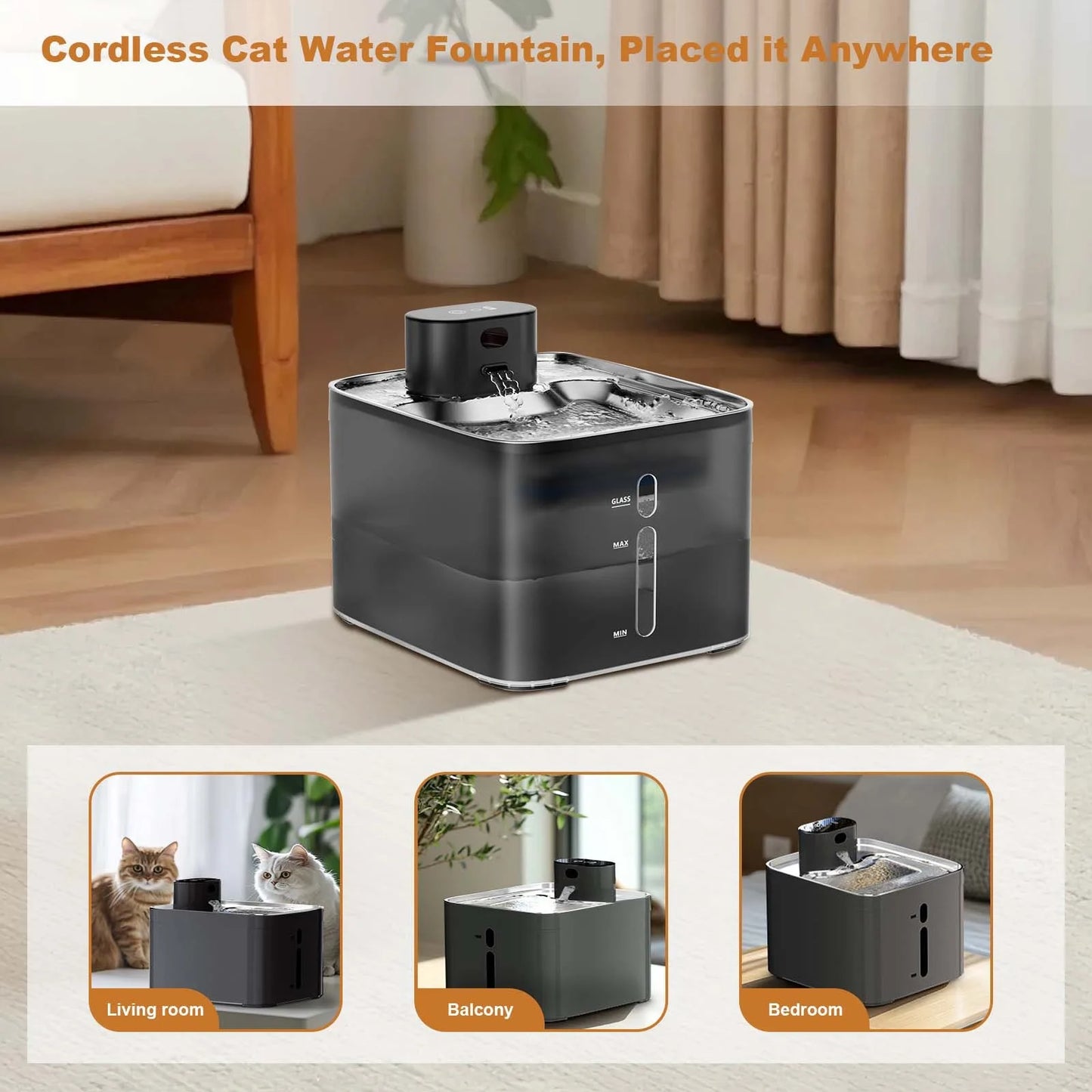 Cat Water Fountain for Drinking, 4.2L Stainless Steel Cordless Pet Water Dispenser w/Viewing Window, Motion Sensor/Rechargeable