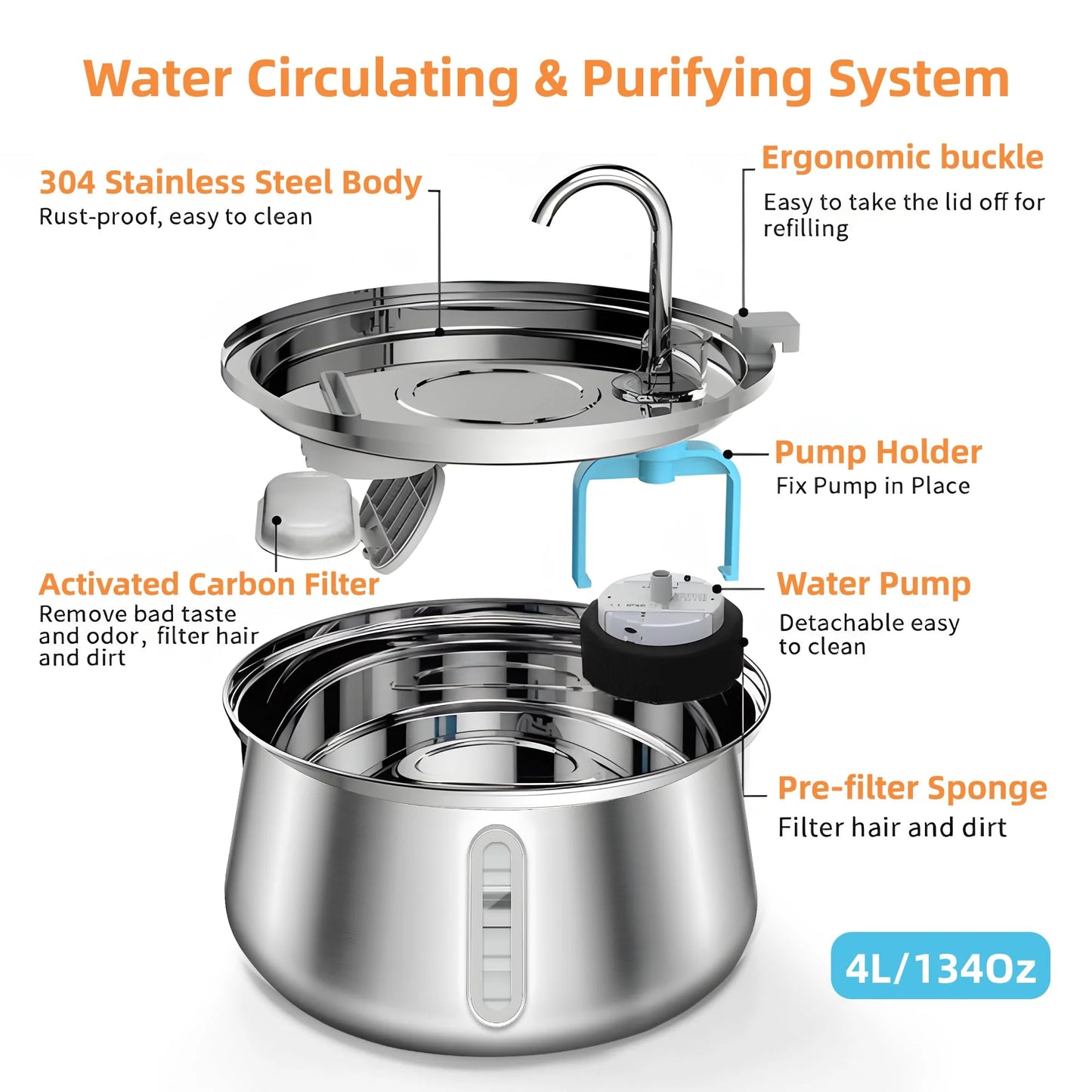 Cat Fountain Stainless Steel Pet Water Feeder 4L Large Capacity Automatic Pet Water Dispenser Multi-layer Filtration Water Bowl