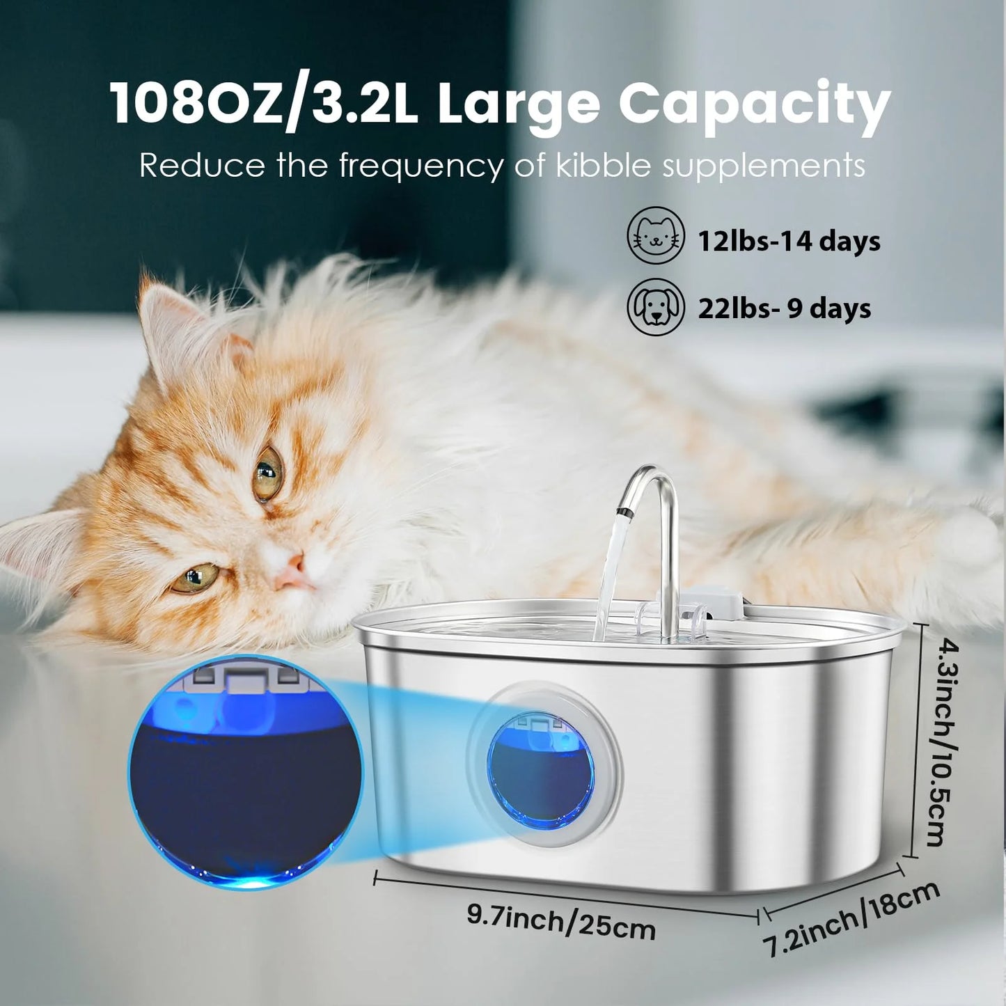 3.2L stainless steel cat water dispenser window has water level, which can be observed, suitable for many cats and dogs
