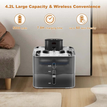 Cat Water Fountain for Drinking, 4.2L Stainless Steel Cordless Pet Water Dispenser w/Viewing Window, Motion Sensor/Rechargeable