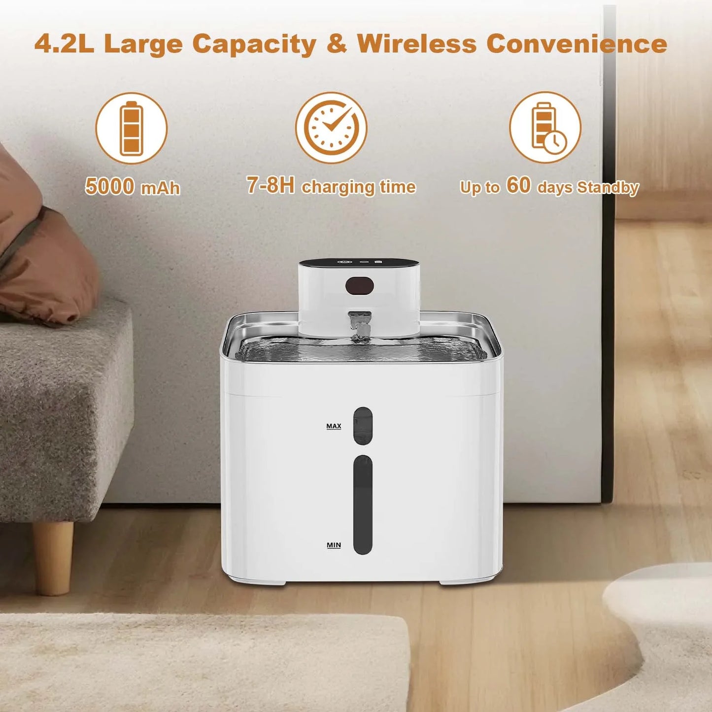 Cat Water Fountain for Drinking, 4.2L Stainless Steel Cordless Pet Water Dispenser w/Viewing Window, Motion Sensor/Rechargeable