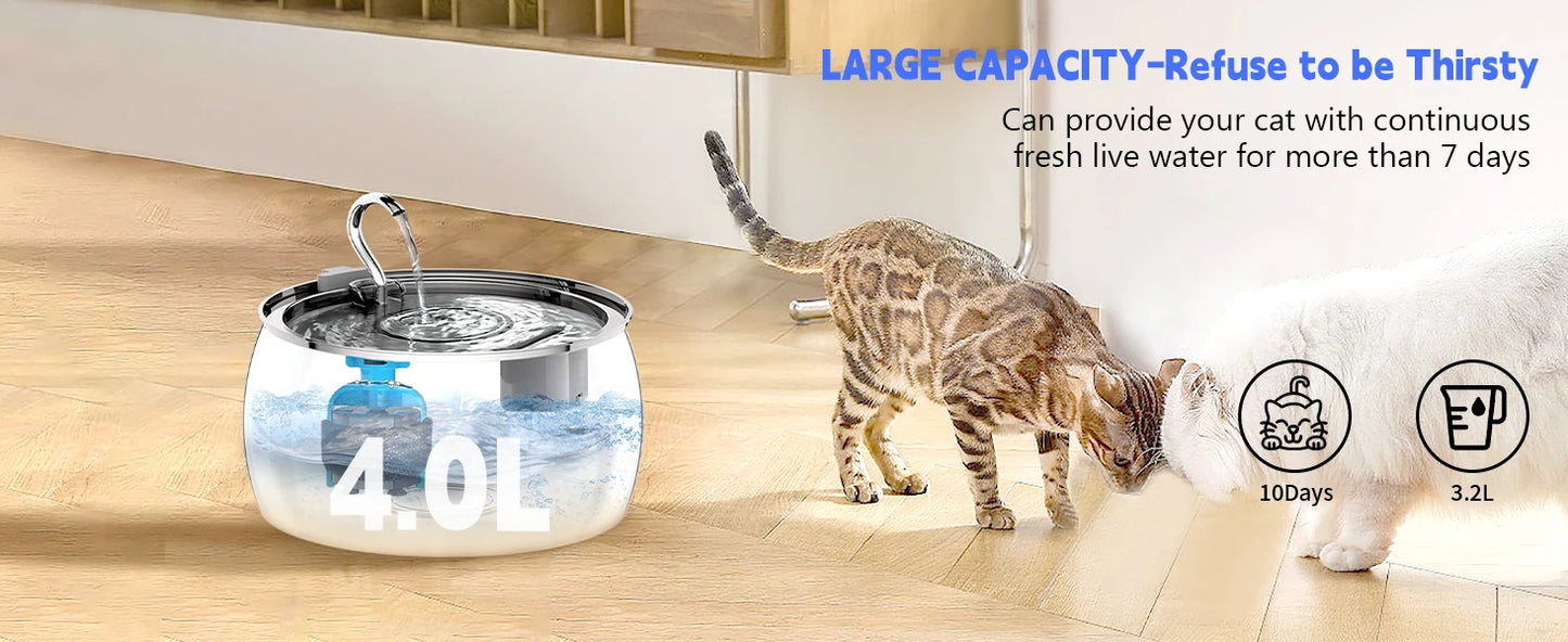 4L Ultra-Quiet Stainless Steel Cat Water Fountain Automatic Drink Filter Pet Drinking Dispenser Drinker For Cats Water Filter