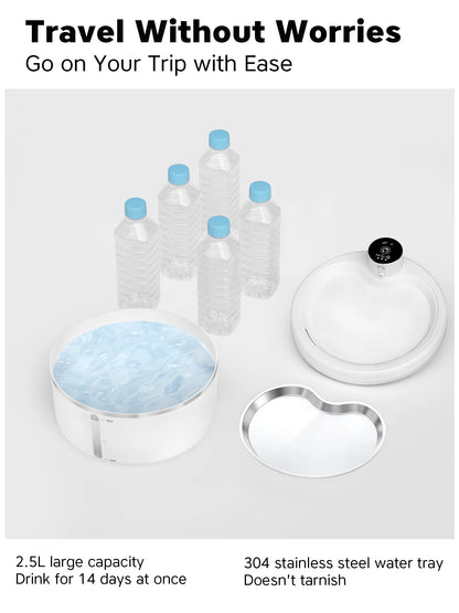 Wireless Cat Water Fountain 2.5L Stainless Steel Pet Drinking Dispenser Smart Sensor Auto Circulating Filter 4000mAh LED Display