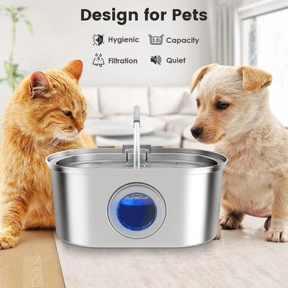 3.2L stainless steel cat water dispenser window has water level, which can be observed, suitable for many cats and dogs