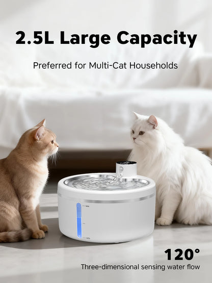 Wireless Cat Water Fountain 2.5L Stainless Steel Pet Drinking Dispenser Smart Sensor Auto Circulating Filter 4000mAh LED Display