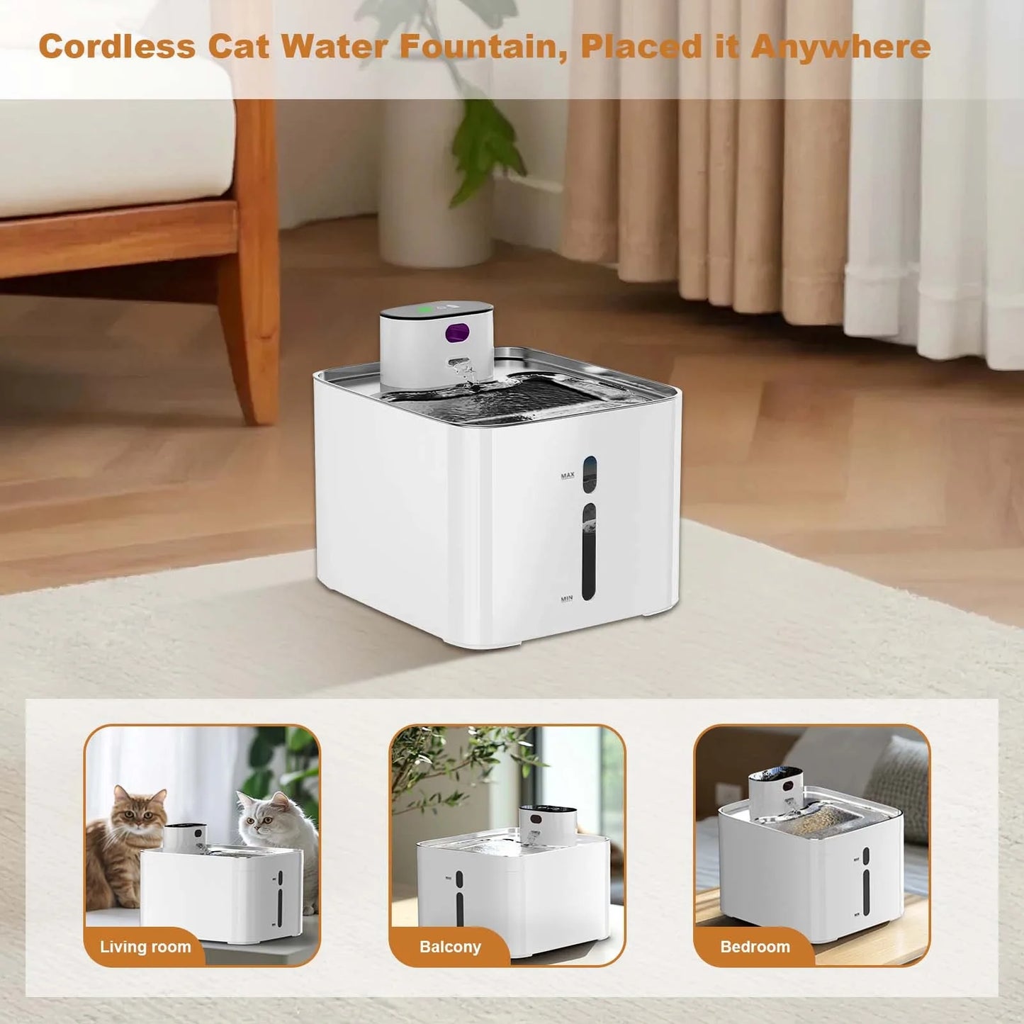 Cat Water Fountain for Drinking, 4.2L Stainless Steel Cordless Pet Water Dispenser w/Viewing Window, Motion Sensor/Rechargeable