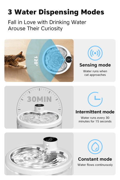 Wireless Cat Water Fountain 2.5L Stainless Steel Pet Drinking Dispenser Smart Sensor Auto Circulating Filter 4000mAh LED Display