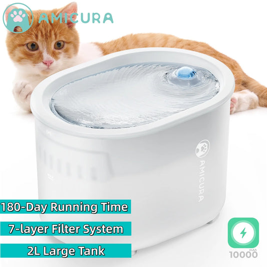 AmiCura A3 Wireless Drinking Fountain for Cat, 2L Automatic Cat Water Fountain ,10000mAh 7 Layer Filter Microradar Sensor Waterp