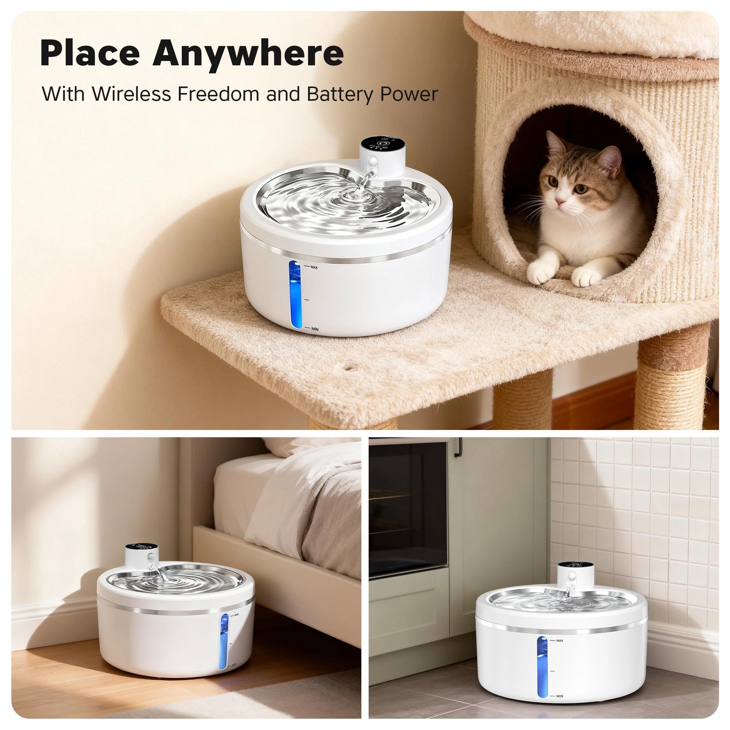 Wireless Cat Water Fountain 2.5L Stainless Steel Pet Drinking Dispenser Smart Sensor Auto Circulating Filter 4000mAh LED Display