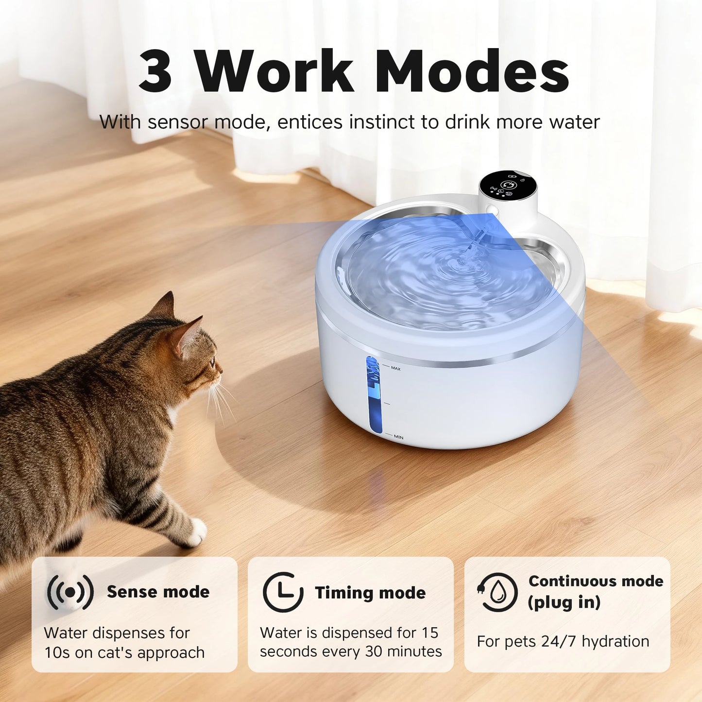 Wireless Cat Water Fountain 2.5L Stainless Steel Pet Drinking Dispenser Smart Sensor Auto Circulating Filter 4000mAh LED Display