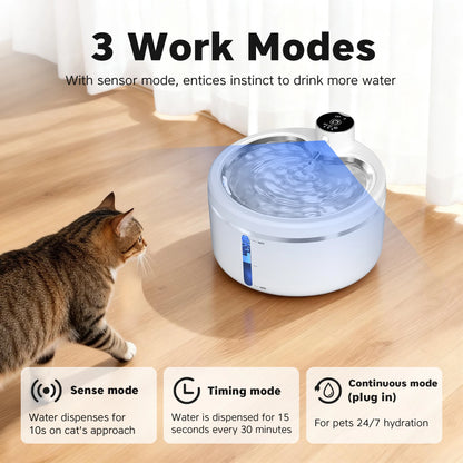 Wireless Cat Water Fountain 2.5L Stainless Steel Pet Drinking Dispenser Smart Sensor Auto Circulating Filter 4000mAh LED Display