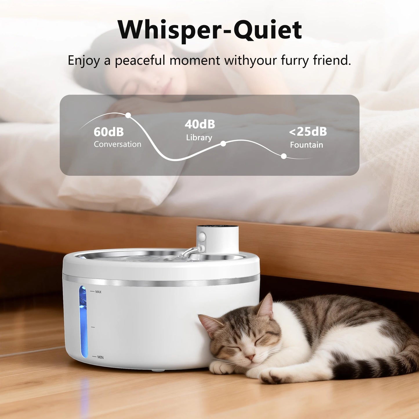 Wireless Cat Water Fountain 2.5L Stainless Steel Pet Drinking Dispenser Smart Sensor Auto Circulating Filter 4000mAh LED Display