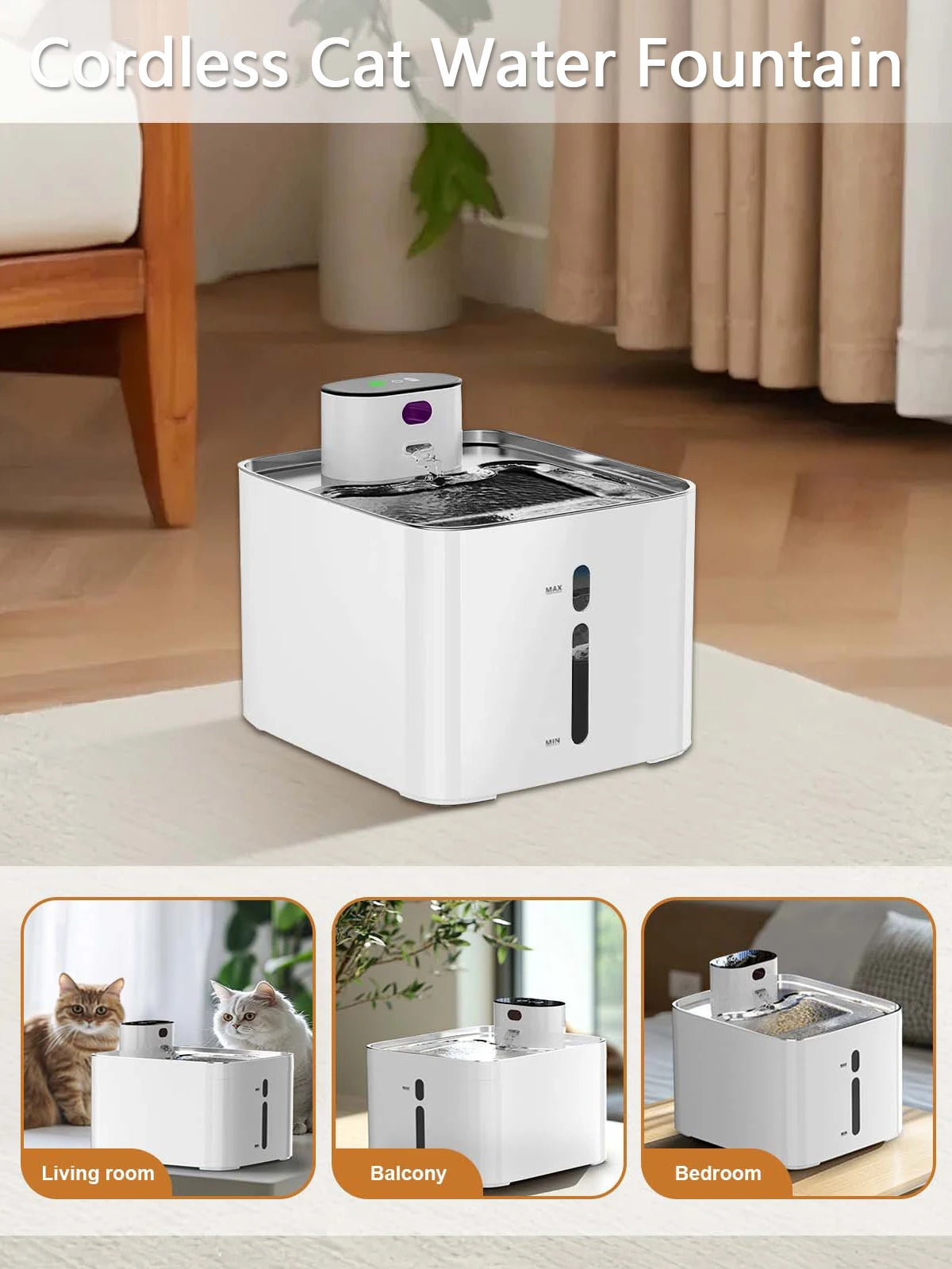 Cat Water Fountain for Drinking, 4.2L Stainless Steel Cordless Pet Water Dispenser w/Viewing Window, Motion Sensor/Rechargeable